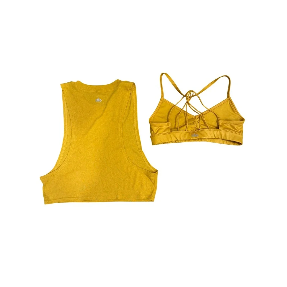 Alo Yoga Mustard Yellow 2 Piece Set Muscle Tank and Strappy Sports Bra Small